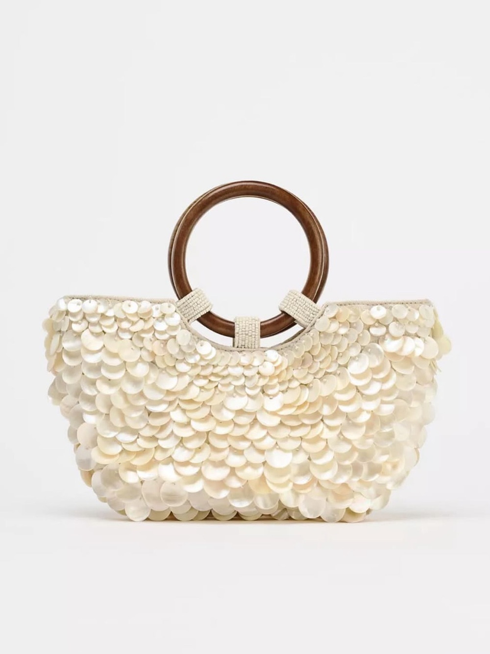 Zara Cream Sequin Disc Tote with Wooden Ring Handles